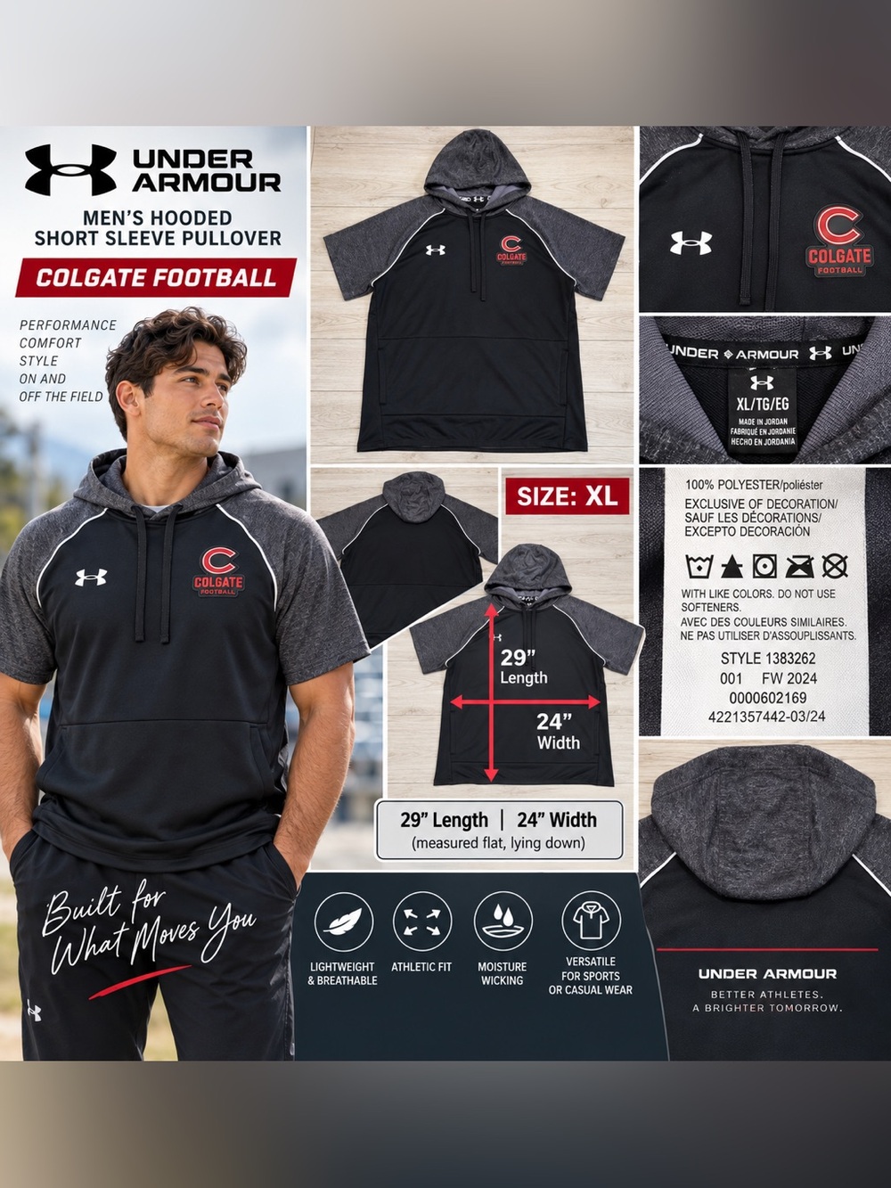 Under Armour Colgate Football Short Sleeve Pullover Hoodie Black/Gray XL 1383262